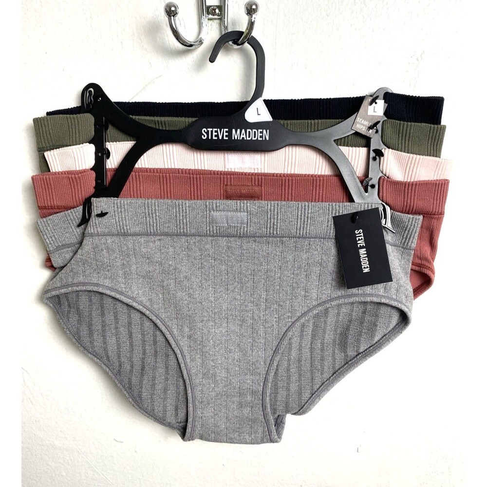 Steve Madden Seamless Hipster Panties L 5 Pack Underwear Gray Black Green Ribbed